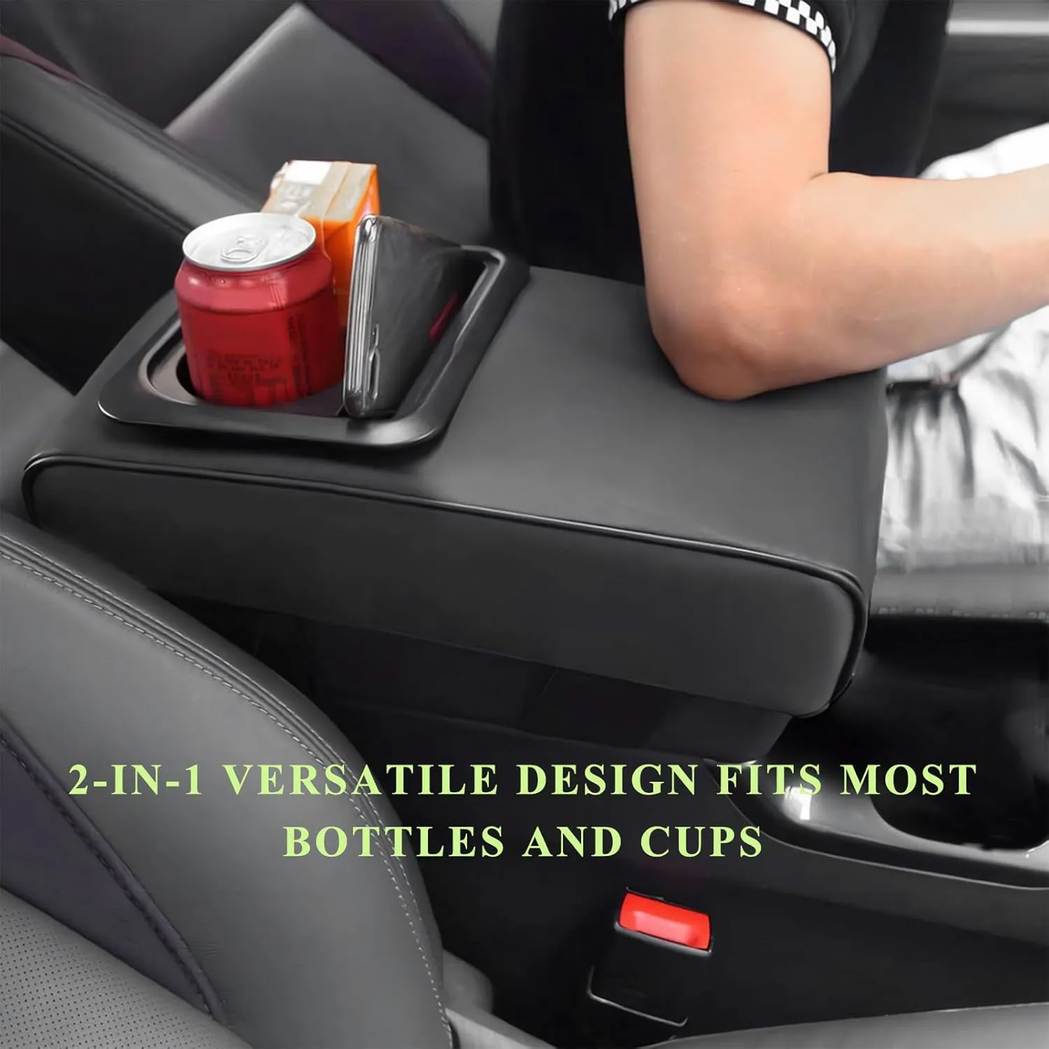 Car Center Console Armrest Pillow, Leather Auto Arm Rest Cover Protector with Cup Holder and Phone Holder, Memory Foam Armrest Cushion for Most Vehicles (Coffee, Glossy)
