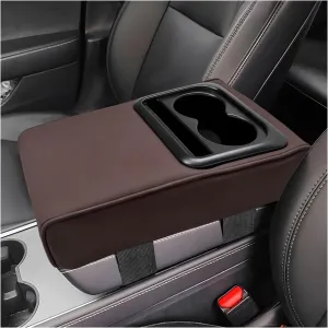 Car Center Console Armrest Pillow, Leather Auto Arm Rest Cover Protector with Cup Holder and Phone Holder, Memory Foam Armrest Cushion for Most Vehicles (Coffee, Glossy)