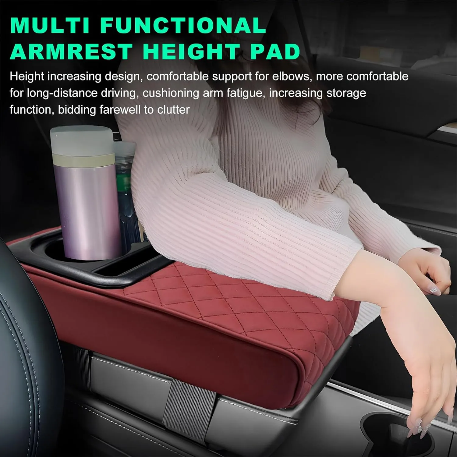 Car Center Console Armrest Pillow, Memory Foam Auto Armrest Box Cover with Cup Holder & Phone Holder, Waterproof Leather Arm Rest Protector Cushion, Interior Car Accessories (Diamond, Wine Red)