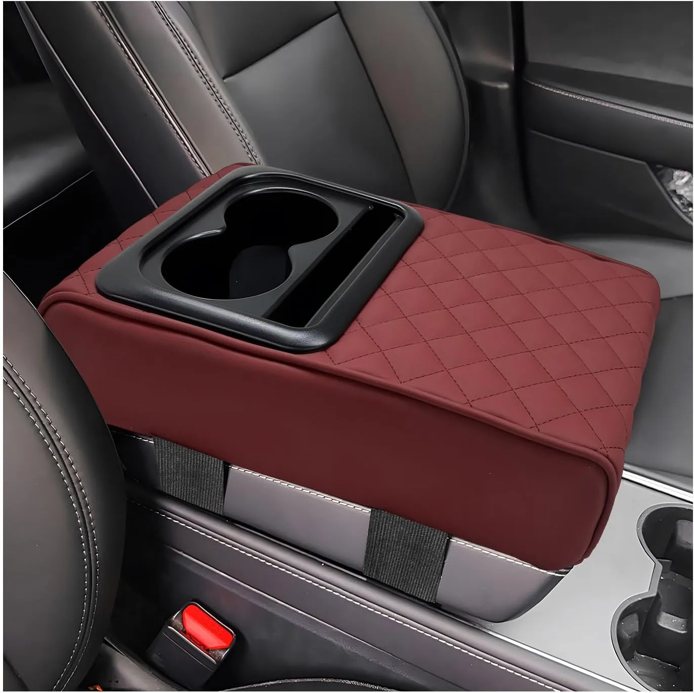 Car Center Console Armrest Pillow, Memory Foam Auto Armrest Box Cover with Cup Holder & Phone Holder, Waterproof Leather Arm Rest Protector Cushion, Interior Car Accessories (Diamond, Wine Red)