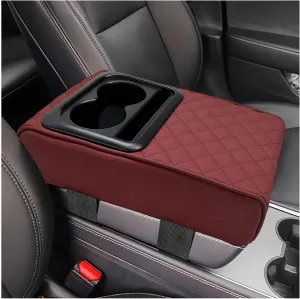 Car Center Console Armrest Pillow, Memory Foam Auto Armrest Box Cover with Cup Holder & Phone Holder, Waterproof Leather Arm Rest Protector Cushion, Interior Car Accessories (Diamond, Wine Red)