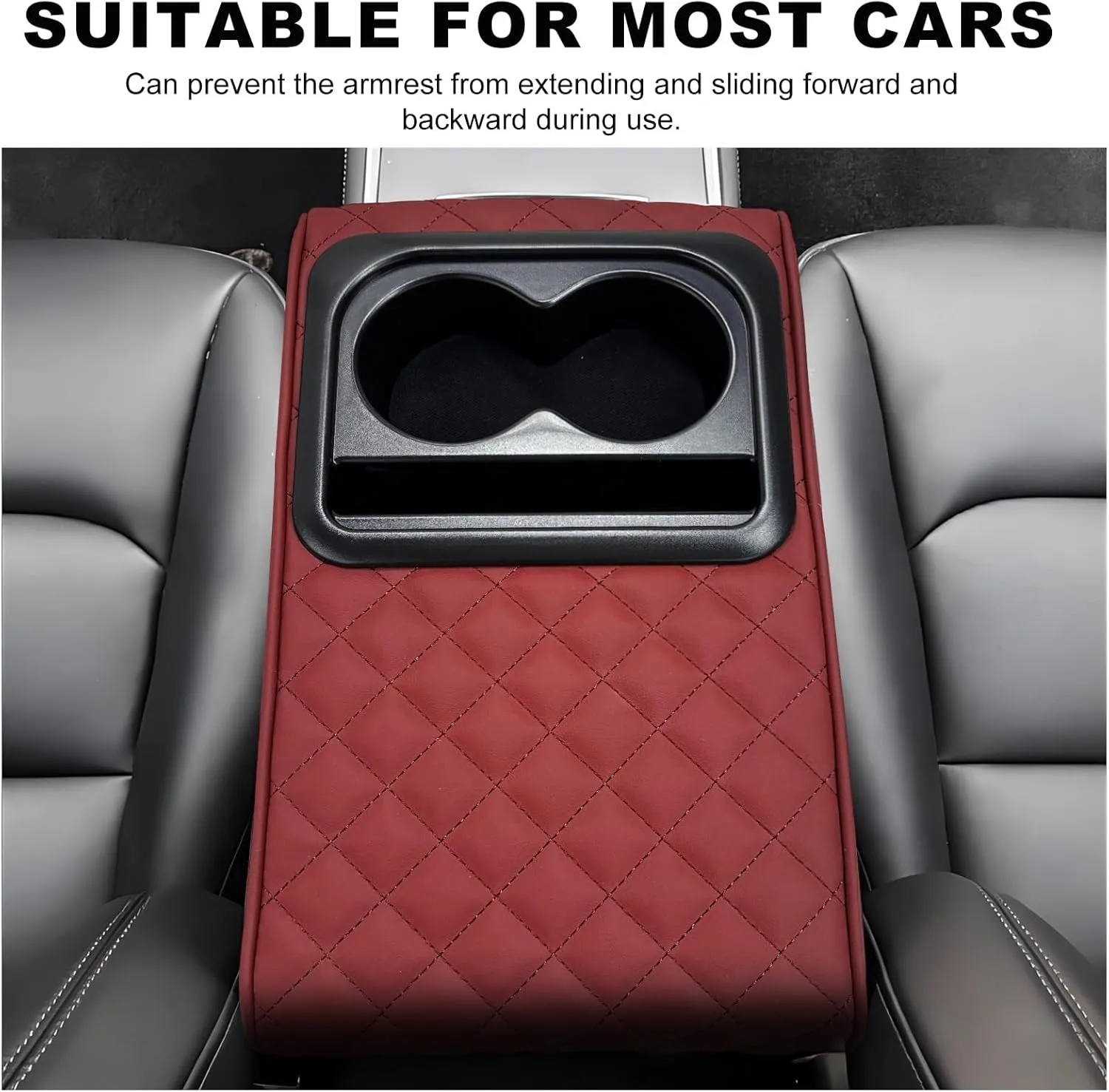 Car Center Console Armrest Pillow, Memory Foam Auto Armrest Box Cover with Cup Holder & Phone Holder, Waterproof Leather Arm Rest Protector Cushion, Interior Car Accessories (Diamond, Wine Red)