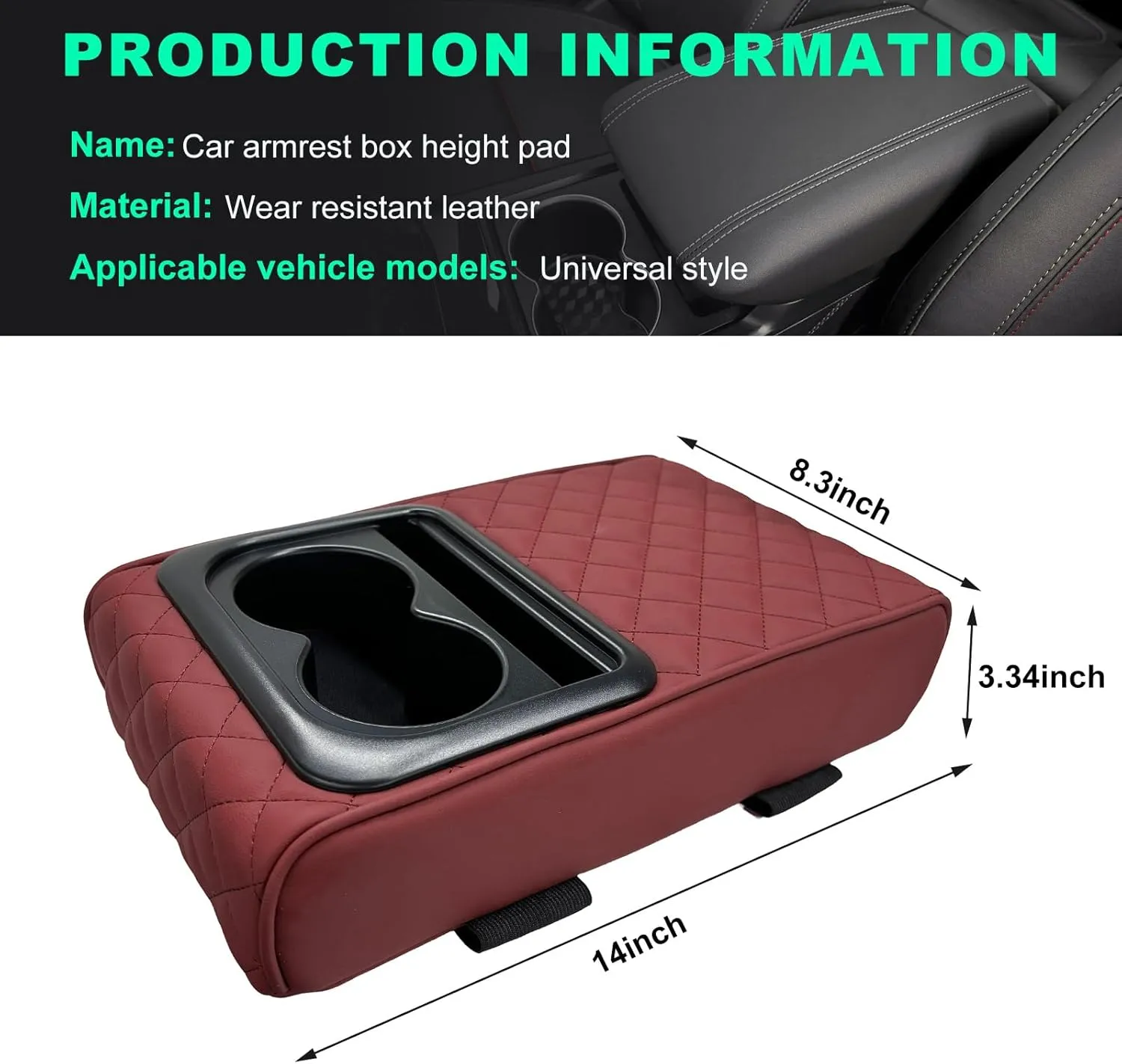 Car Center Console Armrest Pillow, Memory Foam Auto Armrest Box Cover with Cup Holder & Phone Holder, Waterproof Leather Arm Rest Protector Cushion, Interior Car Accessories (Diamond, Wine Red)