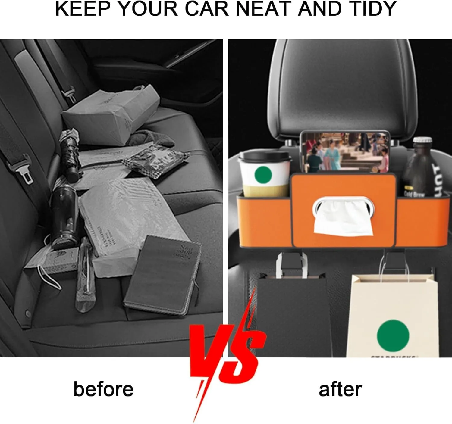 Car Multifunctional Seat Back Waterproof Storage Bag, Multifunctional & Waterproof sCar Back sSeat Organizer, Car Seat Tissue Holder and Storage, for Hold Phone,Drinks, Handbag (Orange)