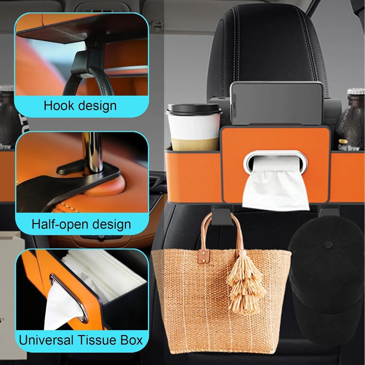 Car Multifunctional Seat Back Waterproof Storage Bag, Multifunctional & Waterproof sCar Back sSeat Organizer, Car Seat Tissue Holder and Storage, for Hold Phone,Drinks, Handbag (Orange)