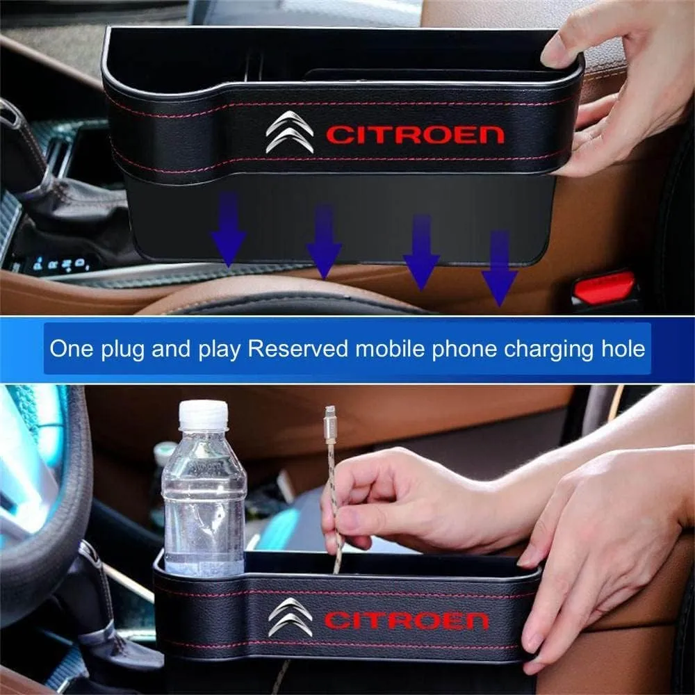 Car Seat Storage Box for Citroen Xsara/Picasso/Berlingo Series Car Seat Gap Organizer Seat Side Bag Reserved Charging Cable Hole Car Accessories, Two Pieces-Brown