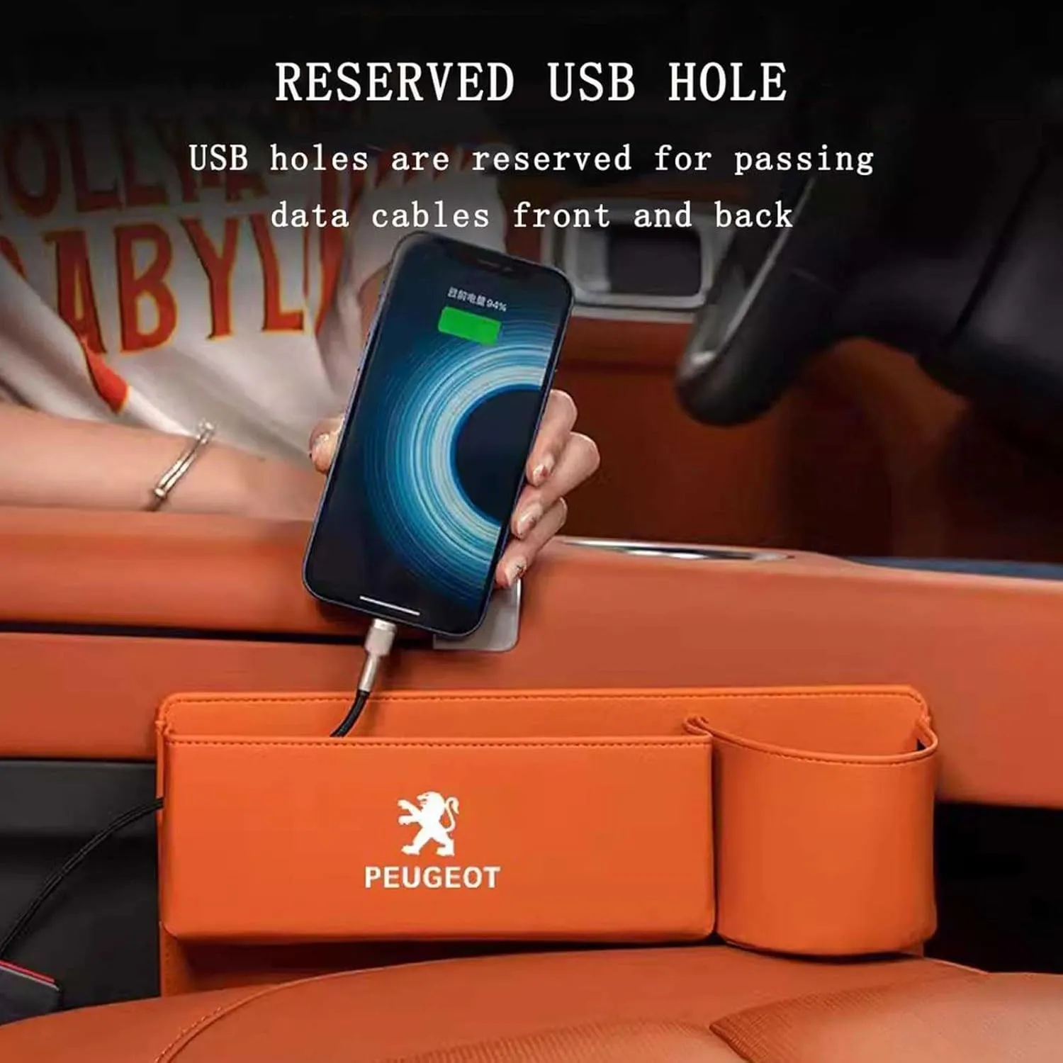 Car Seat Storage Box for Peugeot 2008 3008 4008 5008 206 208 408 407 308 Series Car Seat Gap Organizer Seat Side Bag Reserved Charging Cable Hole Car Accessories,Orange-A
