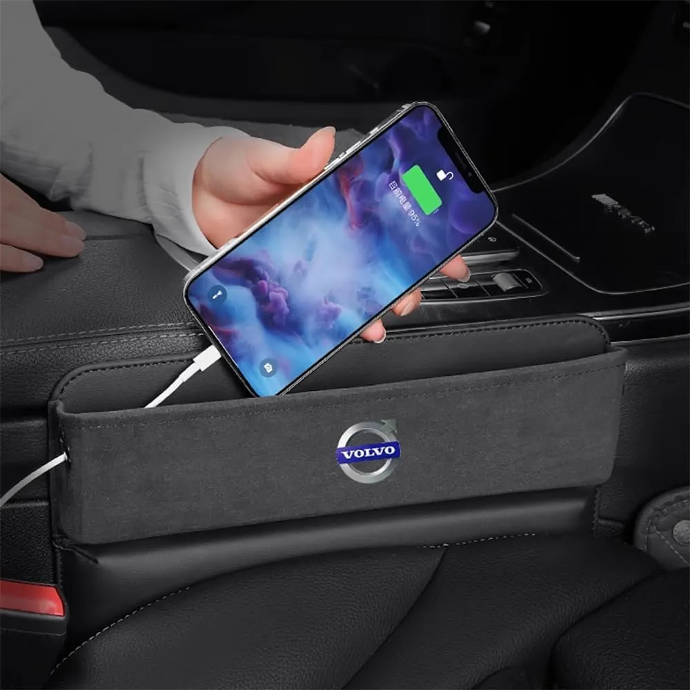Car Seat Storage Box for Volvo S40 S60 S70 S80 S90 Series Car Seat Gap Organizer Seat Side Bag Reserved Charging Cable Hole Car Accessories,One Piece- All Black