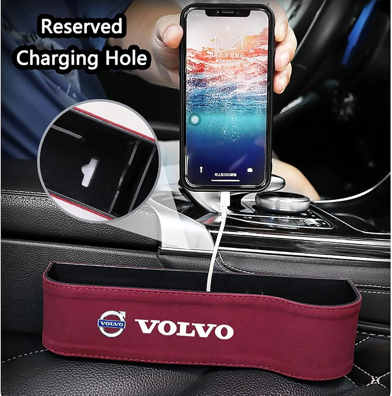 Car Seat Storage Box for Volvo XC60 XC90 XC40 S90 S60 Series Car Seat Gap Organizer Seat Side Bag Reserved Charging Cable Hole Car Accessories,B