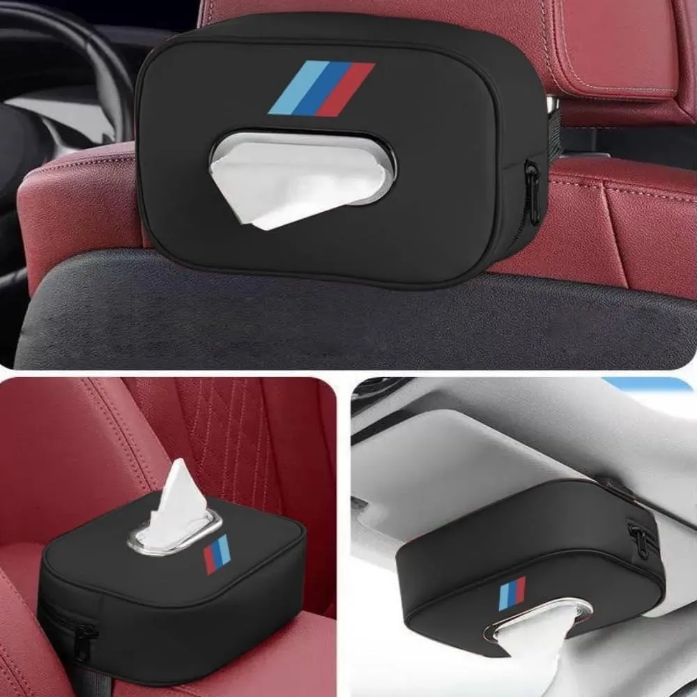 Car Tissue Holder Compatible with BMW 1 2 3 4 5 6 7 Series X1 X2 X3 X4 X5 X6 X7 Accessories, Premium PU Leather Tissues Box Holder for Car, Hanging Paper Towel Clip,with 2 PCS Car Cup Coaster (A)