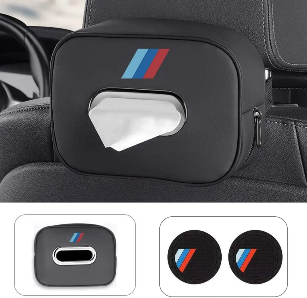 Car Tissue Holder Compatible with BMW 1 2 3 4 5 6 7 Series X1 X2 X3 X4 X5 X6 X7 Accessories, Premium PU Leather Tissues Box Holder for Car, Hanging Paper Towel Clip,with 2 PCS Car Cup Coaster (A)