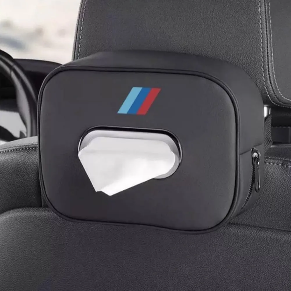 Car Tissue Holder Compatible with BMW 1 2 3 4 5 6 7 Series X1 X2 X3 X4 X5 X6 X7 Accessories, Premium PU Leather Tissues Box Holder for Car, Hanging Paper Towel Clip,with 2 PCS Car Cup Coaster (A)