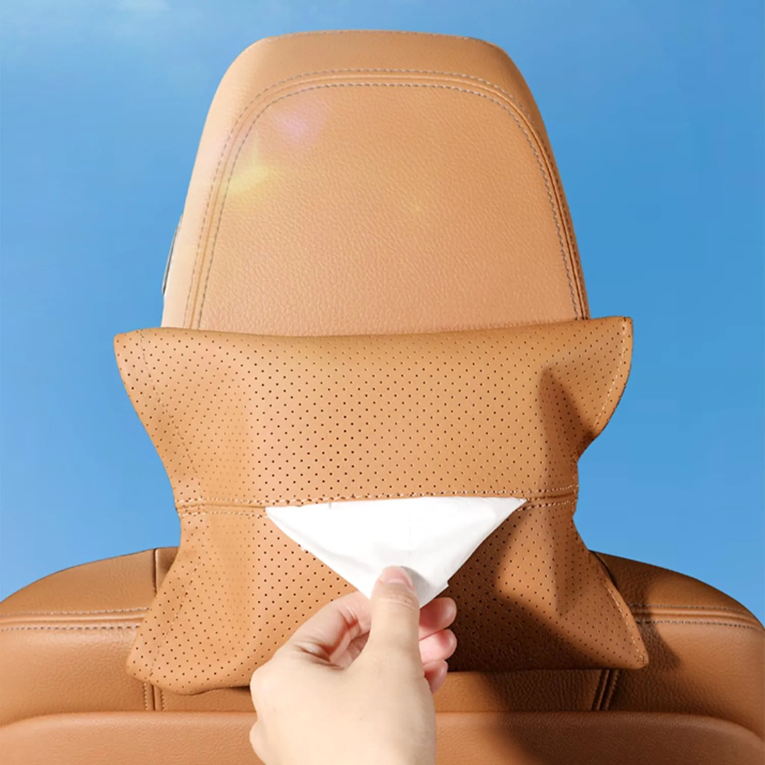 car Tissue Holder Genuine Cowhide Leather,Tissue Refill Box Bag,Real Cow Leather,Decor Portable Napkin Holder for Travel Table Office Desk (Orange Brown)