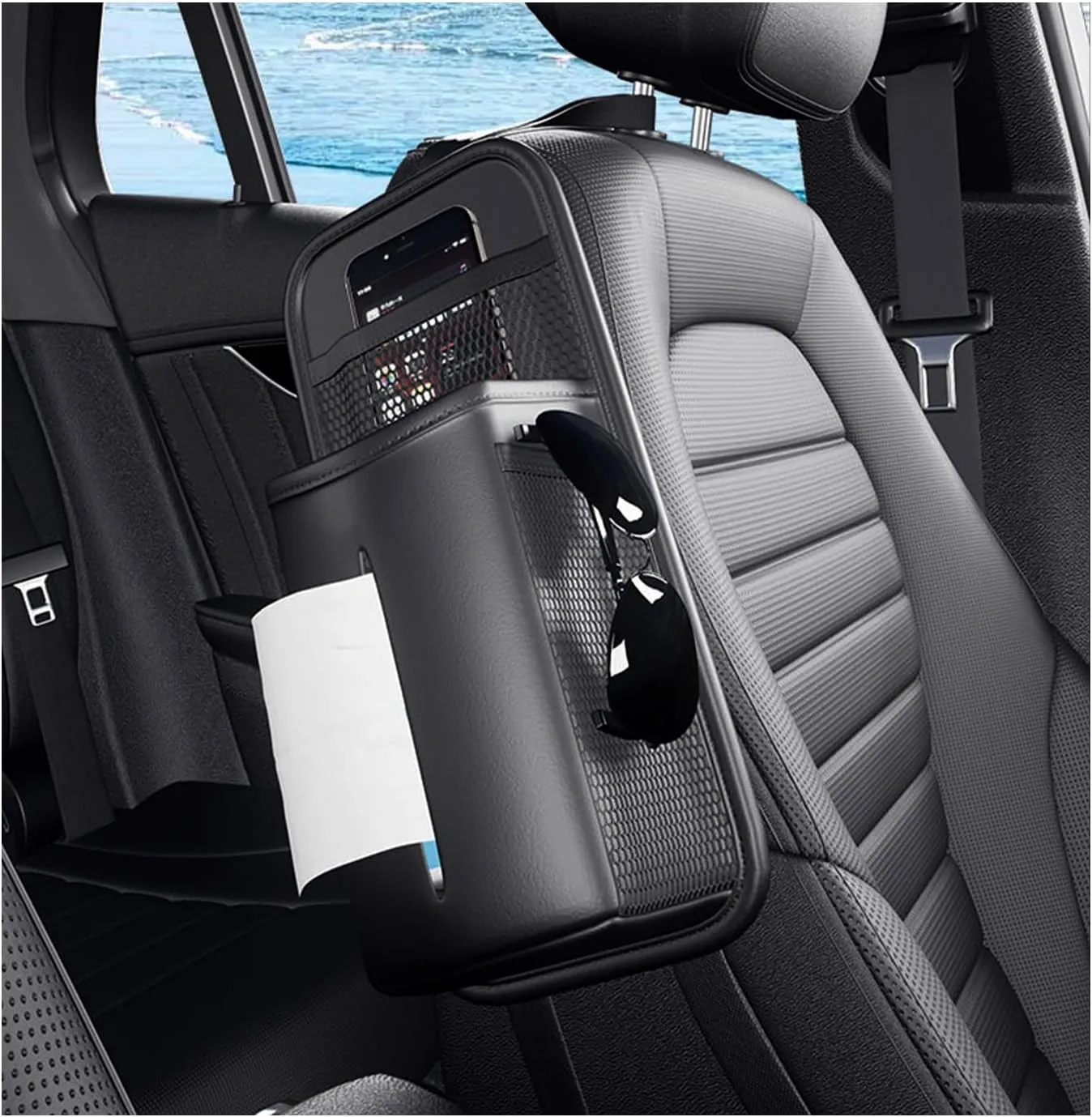 Car Tissue Holder, Seat Side Hanging Bag Rectangle Tissue Box Cover with Mesh Net Pockets, Leather Front Seat Side Tissue Dispenser for 100 Count Napkin, Phone, Coins