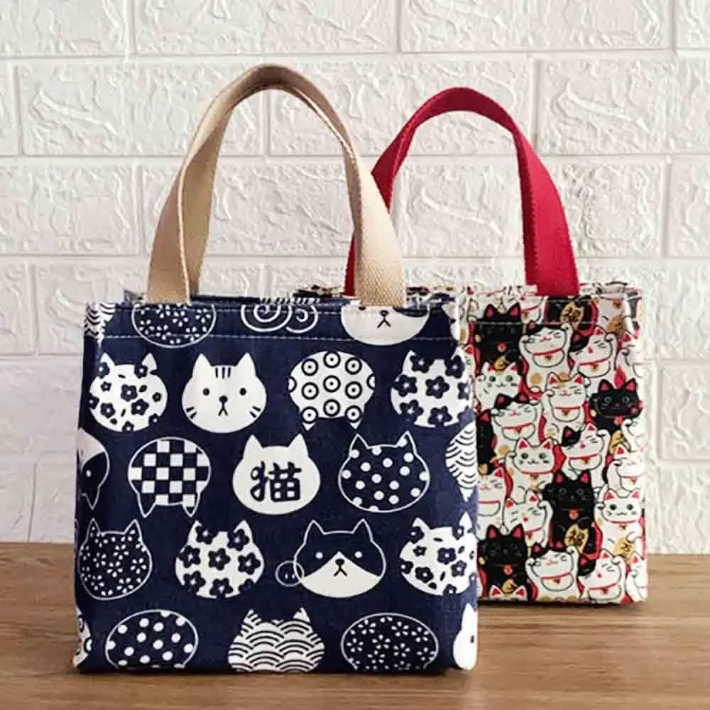 Cartoon canvas women's Japanese insulated handbag lunch box bag lunch bag bento bag (Style H)