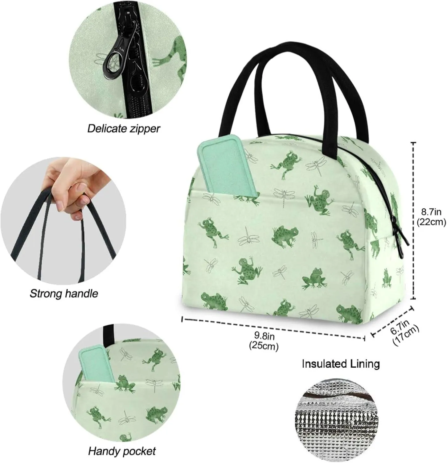 Cartoon Frog Dragonfly Insulated Lunch Bag, Reusable Multi-Pocket Container Cooler Tote Bag for Women&Men School Work Picnic Outdoor Travel