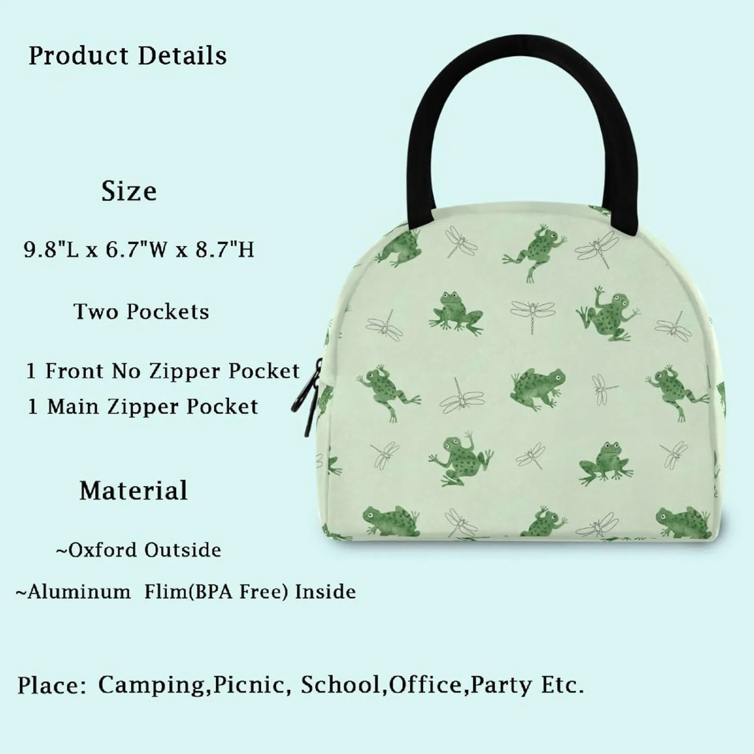 Cartoon Frog Dragonfly Insulated Lunch Bag, Reusable Multi-Pocket Container Cooler Tote Bag for Women&Men School Work Picnic Outdoor Travel