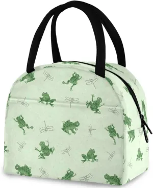 Cartoon Frog Dragonfly Insulated Lunch Bag, Reusable Multi-Pocket Container Cooler Tote Bag for Women&Men School Work Picnic Outdoor Travel