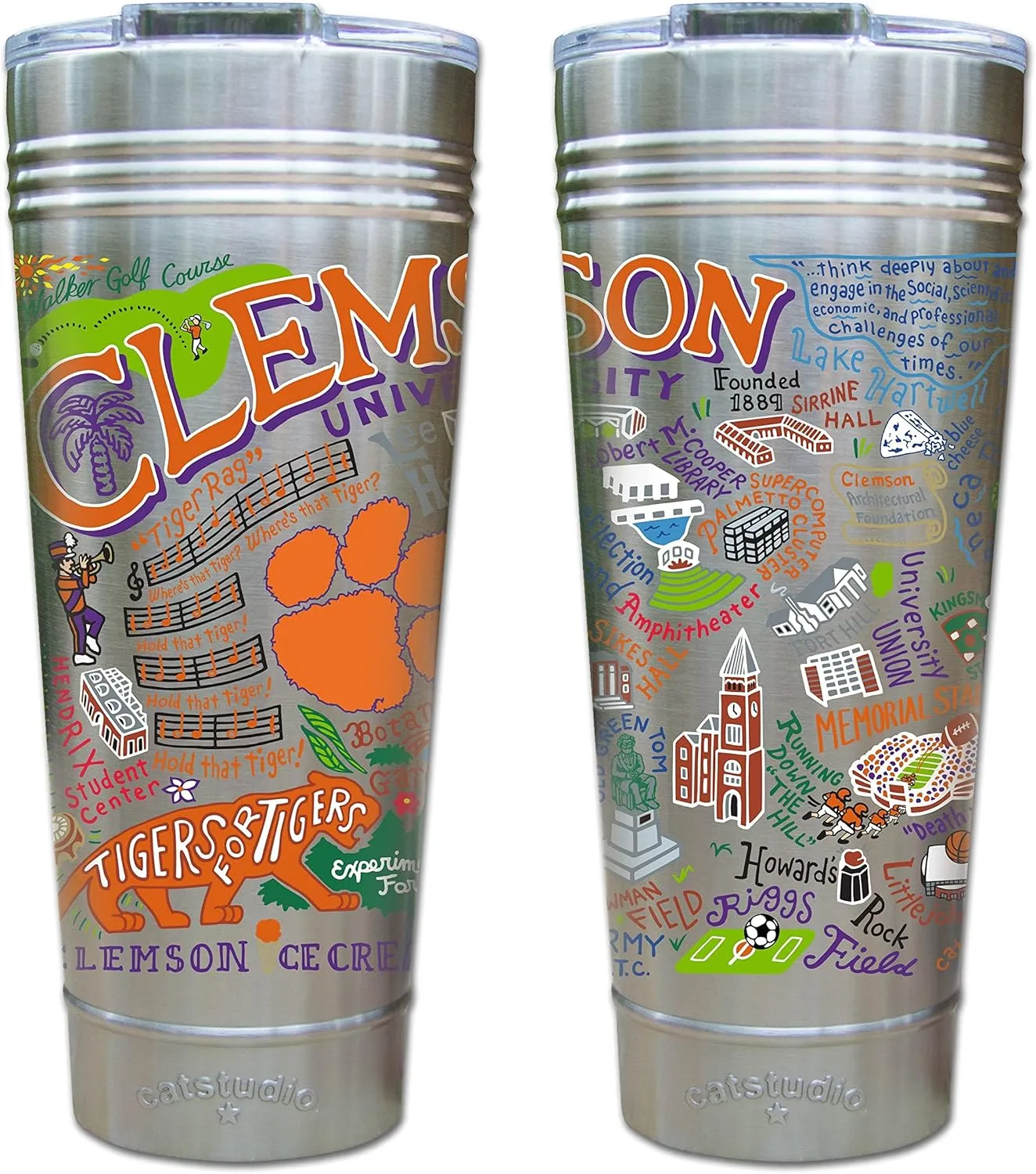 Catstudio Clemson University Collegiate Thermal Tumbler | Triple Wall Insulation With Non Slip Bottom | Great College Travel Cup for Water, Coffee, Tea, or Smoothies