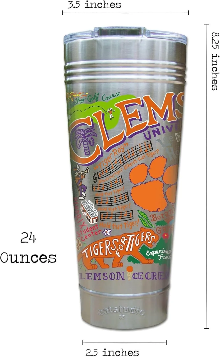 Catstudio Clemson University Collegiate Thermal Tumbler | Triple Wall Insulation With Non Slip Bottom | Great College Travel Cup for Water, Coffee, Tea, or Smoothies