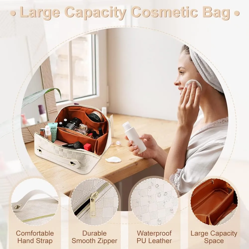 Cessfle Large Capacity Travel Cosmetic Bag Plaid Checkered Makeup Bag Portable Leather Waterproof Skincare Bag with Handle and Divider for Women 01-White