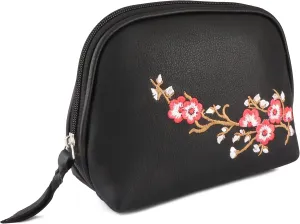 CHALLENGER Women's Black Leather Floral Embroidered Zippered Makeup Cosmetic Bag 18BT08BK