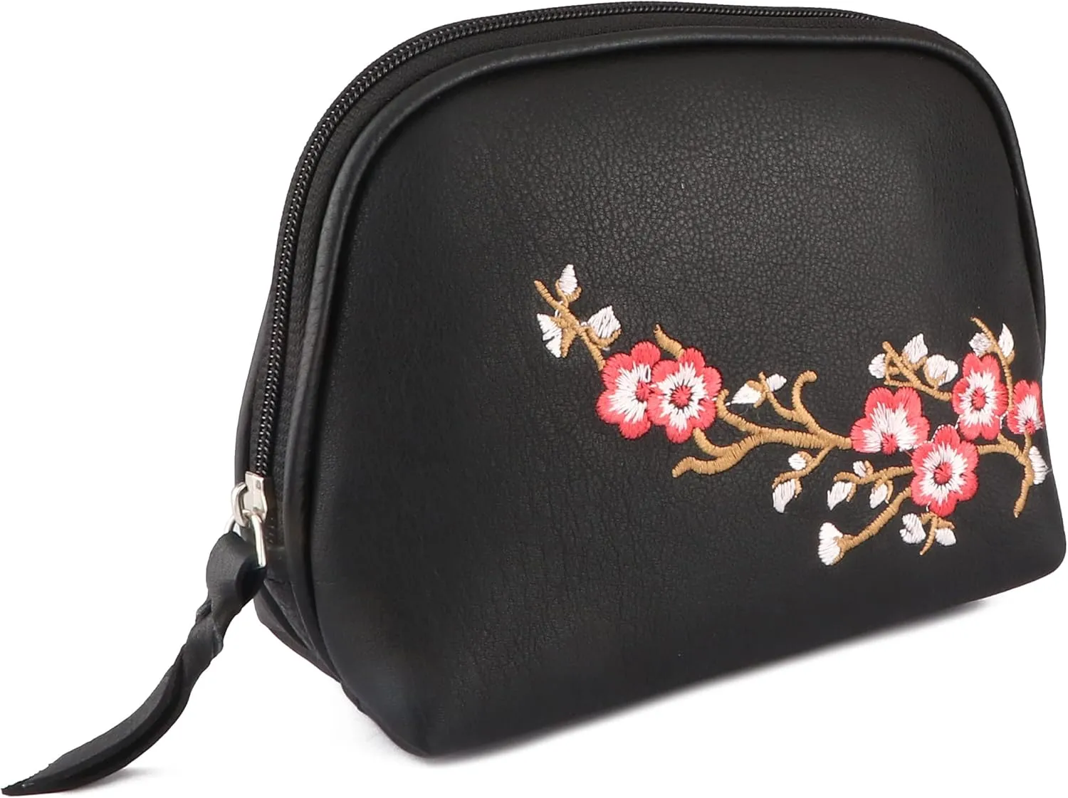 CHALLENGER Women's Black Leather Floral Embroidered Zippered Makeup Cosmetic Bag 18BT08BK
