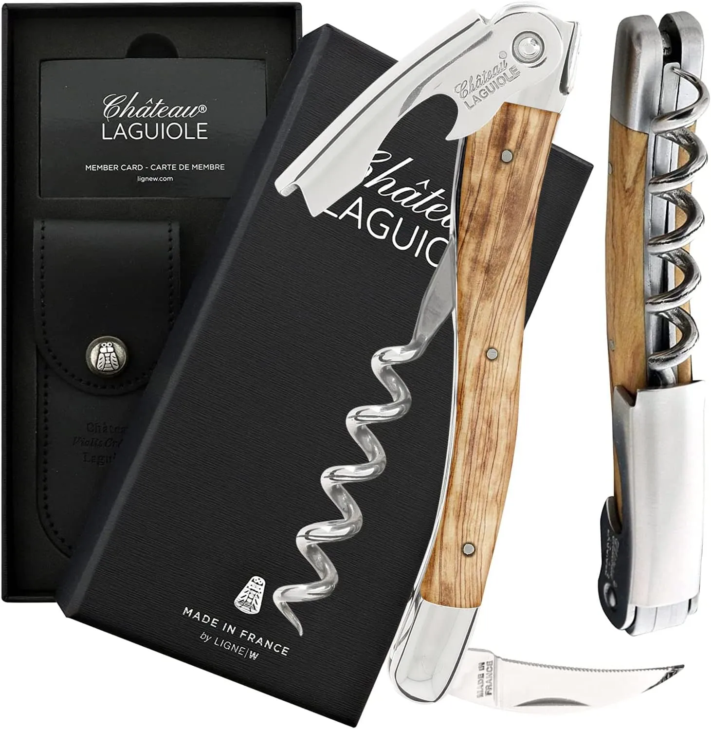 Chateau Laguiole Classic Laguiole Corkscrew - Olive Wood French Luxury Wine Opener - Includes Leather Sheath & Gift Box