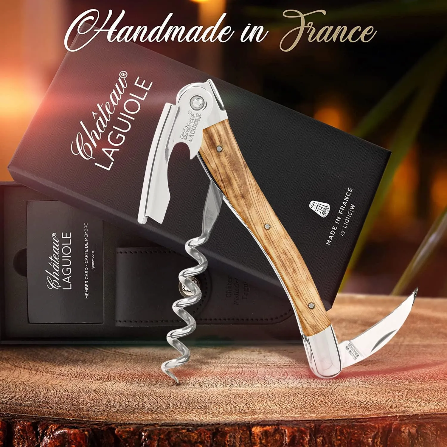 Chateau Laguiole Classic Laguiole Corkscrew - Olive Wood French Luxury Wine Opener - Includes Leather Sheath & Gift Box