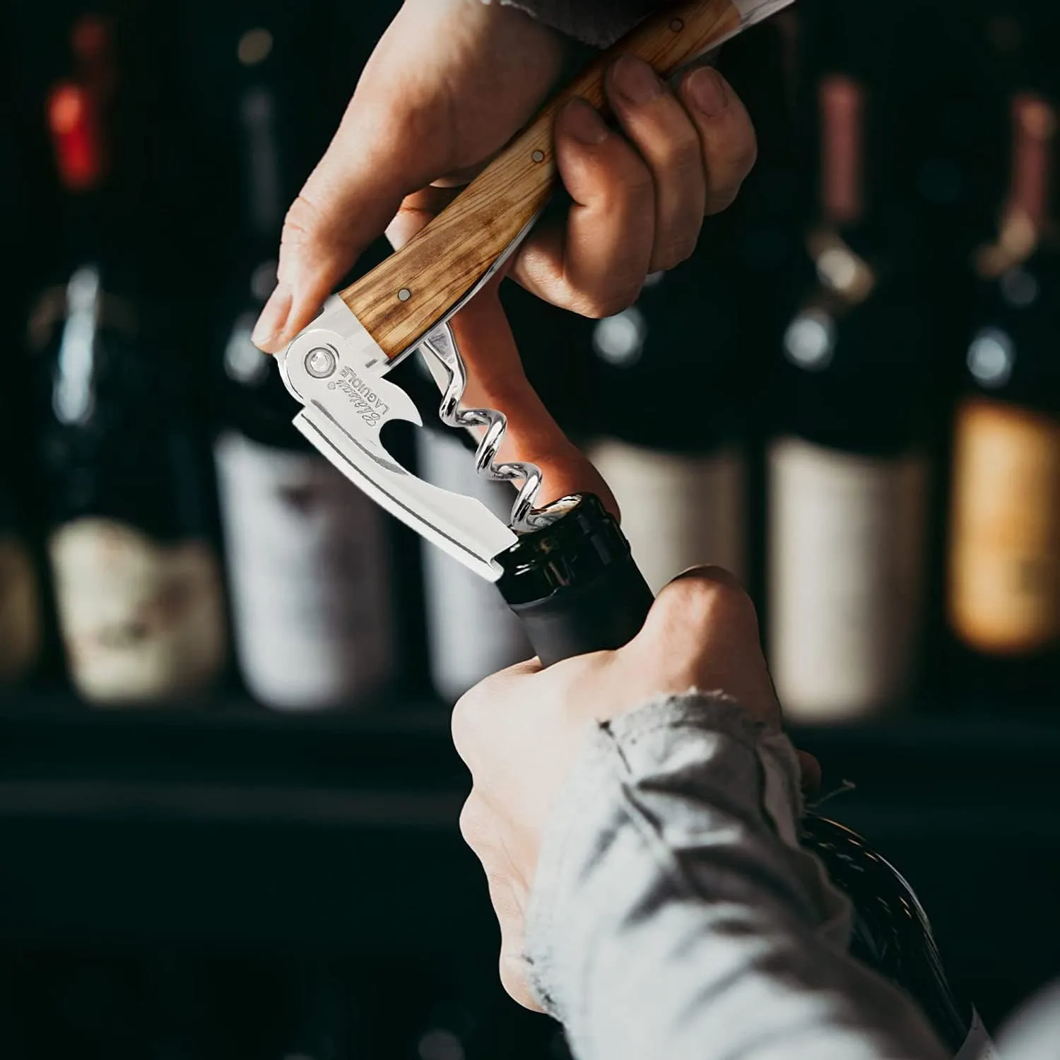 Chateau Laguiole Classic Laguiole Corkscrew - Olive Wood French Luxury Wine Opener - Includes Leather Sheath & Gift Box