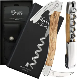 Chateau Laguiole Classic Laguiole Corkscrew - Olive Wood French Luxury Wine Opener - Includes Leather Sheath & Gift Box