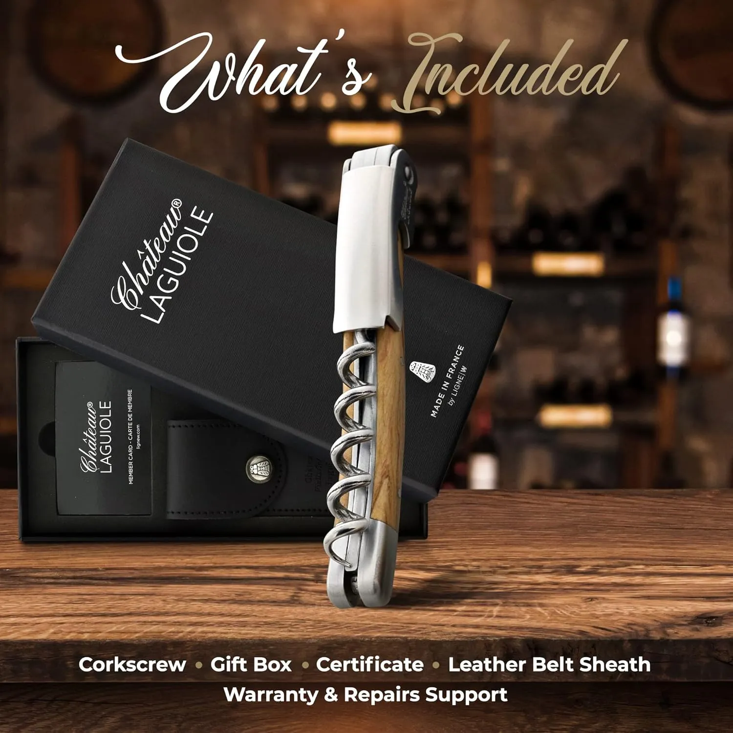 Chateau Laguiole Classic Laguiole Corkscrew - Olive Wood French Luxury Wine Opener - Includes Leather Sheath & Gift Box