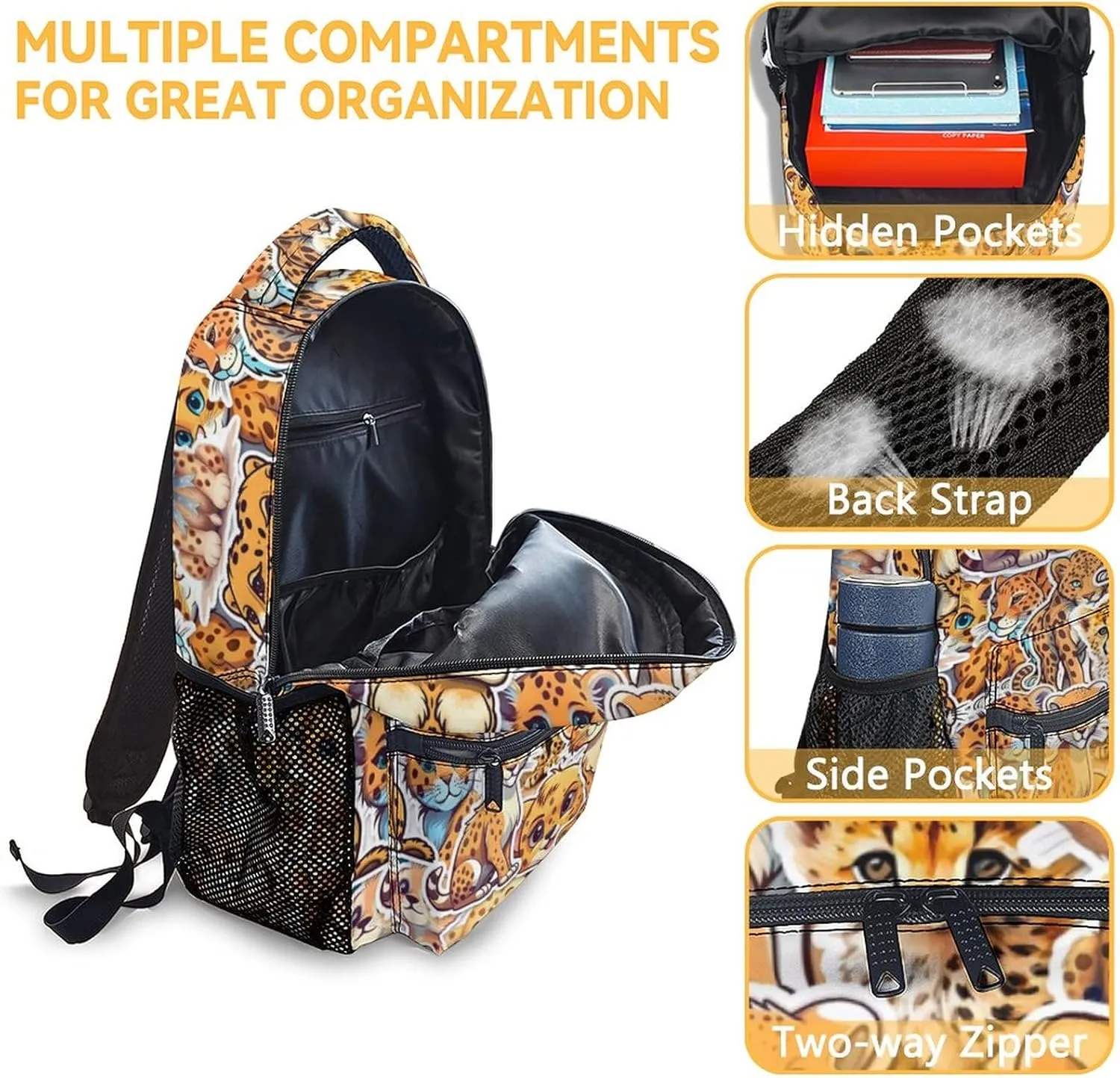 Cheetah Backpack with Lunch Box and Pencil Case for Girls Boys, 16 Inch School Bookbag with Adjustable Straps, Travel Bag Durable, Lightweight, Large Capacity