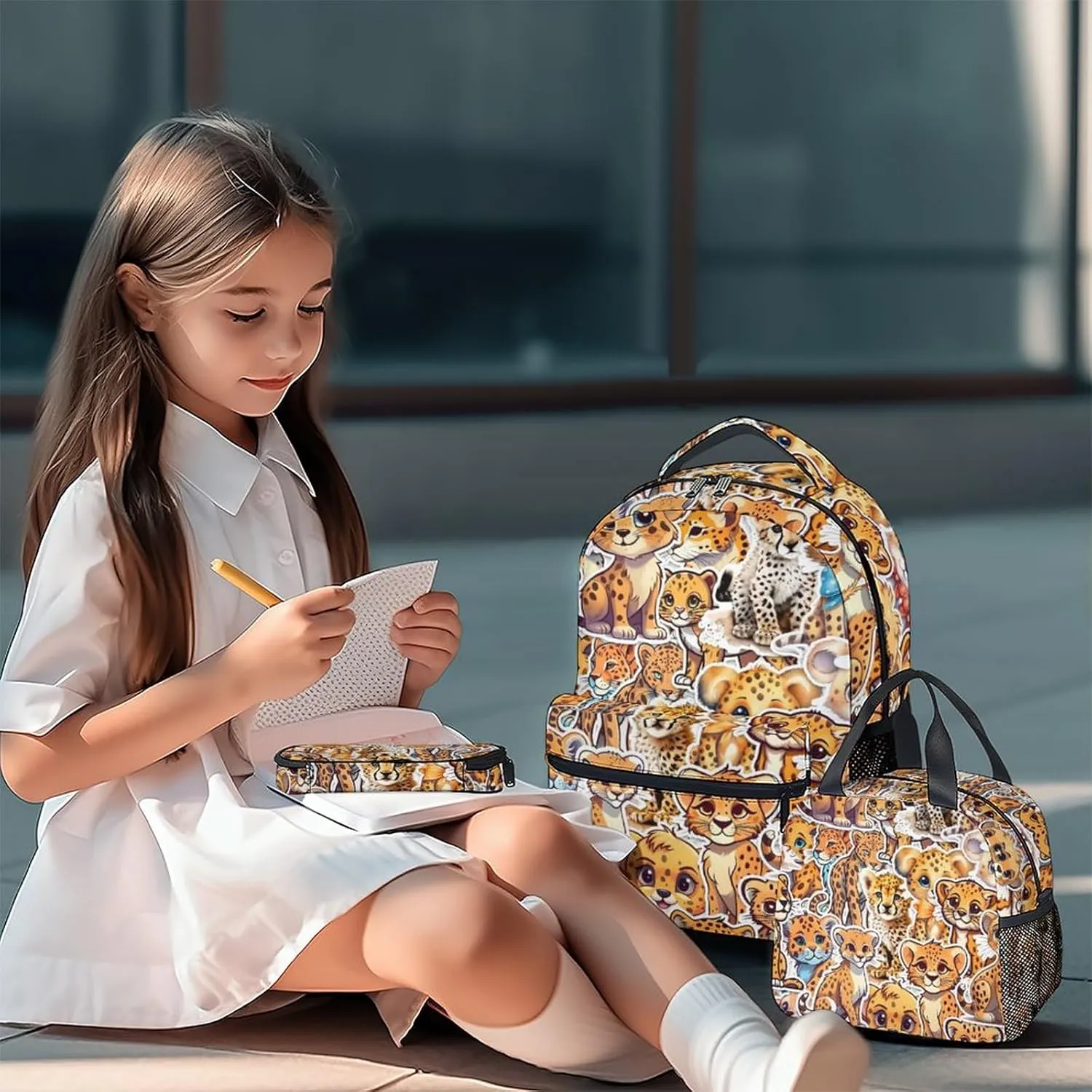 Cheetah Backpack with Lunch Box and Pencil Case for Girls Boys, 16 Inch School Bookbag with Adjustable Straps, Travel Bag Durable, Lightweight, Large Capacity