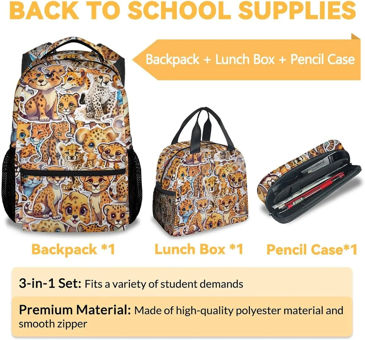 Cheetah Backpack with Lunch Box and Pencil Case for Girls Boys, 16 Inch School Bookbag with Adjustable Straps, Travel Bag Durable, Lightweight, Large Capacity