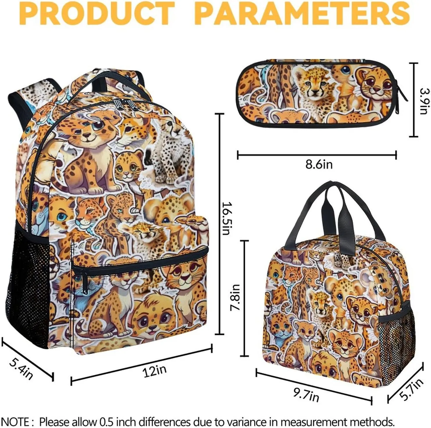 Cheetah Backpack with Lunch Box and Pencil Case for Girls Boys, 16 Inch School Bookbag with Adjustable Straps, Travel Bag Durable, Lightweight, Large Capacity