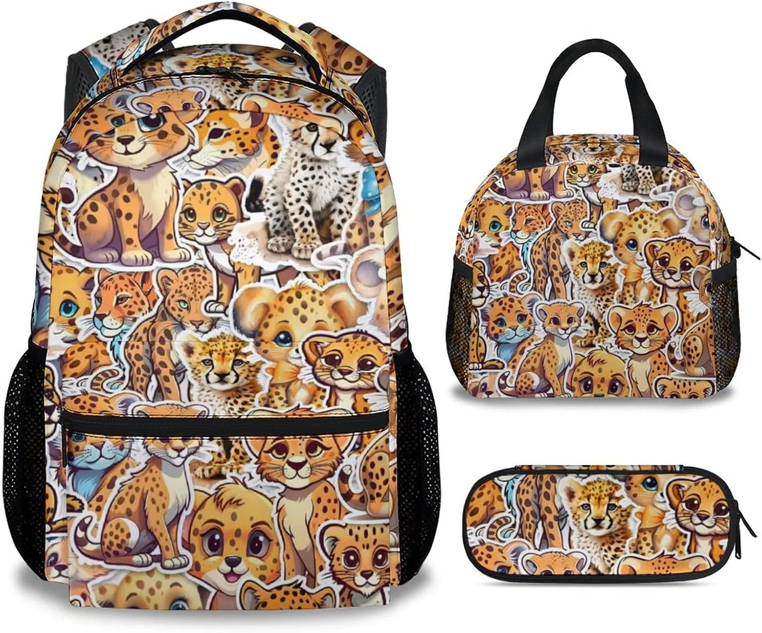 Cheetah Backpack with Lunch Box and Pencil Case for Girls Boys, 16 Inch School Bookbag with Adjustable Straps, Travel Bag Durable, Lightweight, Large Capacity