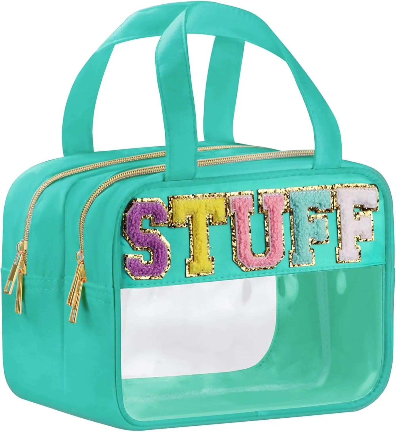 Chenille Letter Clear Makeup Bag, Stuff Bag for Travel, Preppy Patch Nylon Cosmetic Bag With Handles and Zipper, Waterproof Large Travel Toiletry Storage Bag for Women