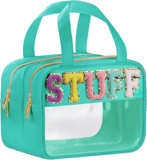 Chenille Letter Clear Makeup Bag, Stuff Bag for Travel, Preppy Patch Nylon Cosmetic Bag With Handles and Zipper, Waterproof Large Travel Toiletry Storage Bag for Women