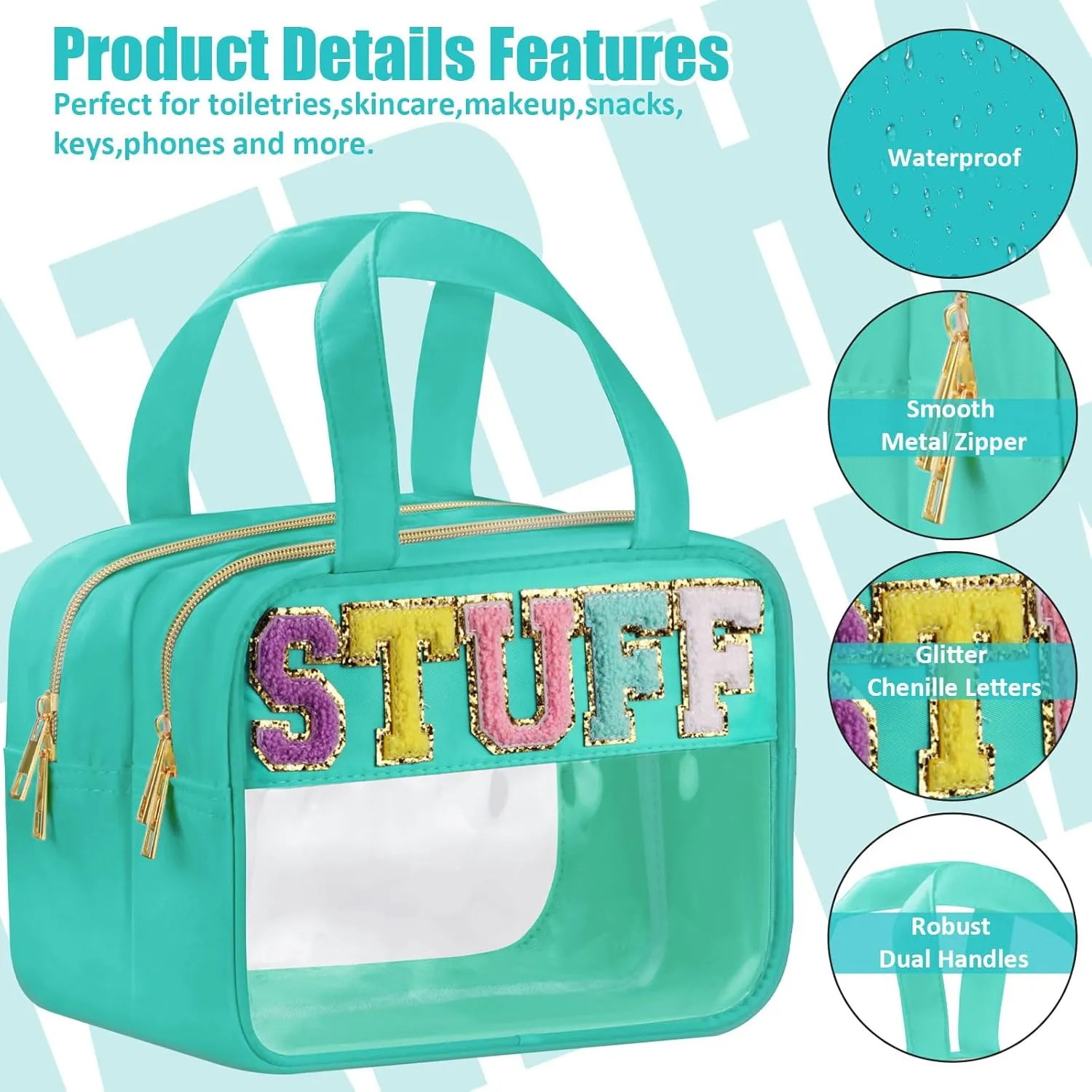 Chenille Letter Clear Makeup Bag, Stuff Bag for Travel, Preppy Patch Nylon Cosmetic Bag With Handles and Zipper, Waterproof Large Travel Toiletry Storage Bag for Women