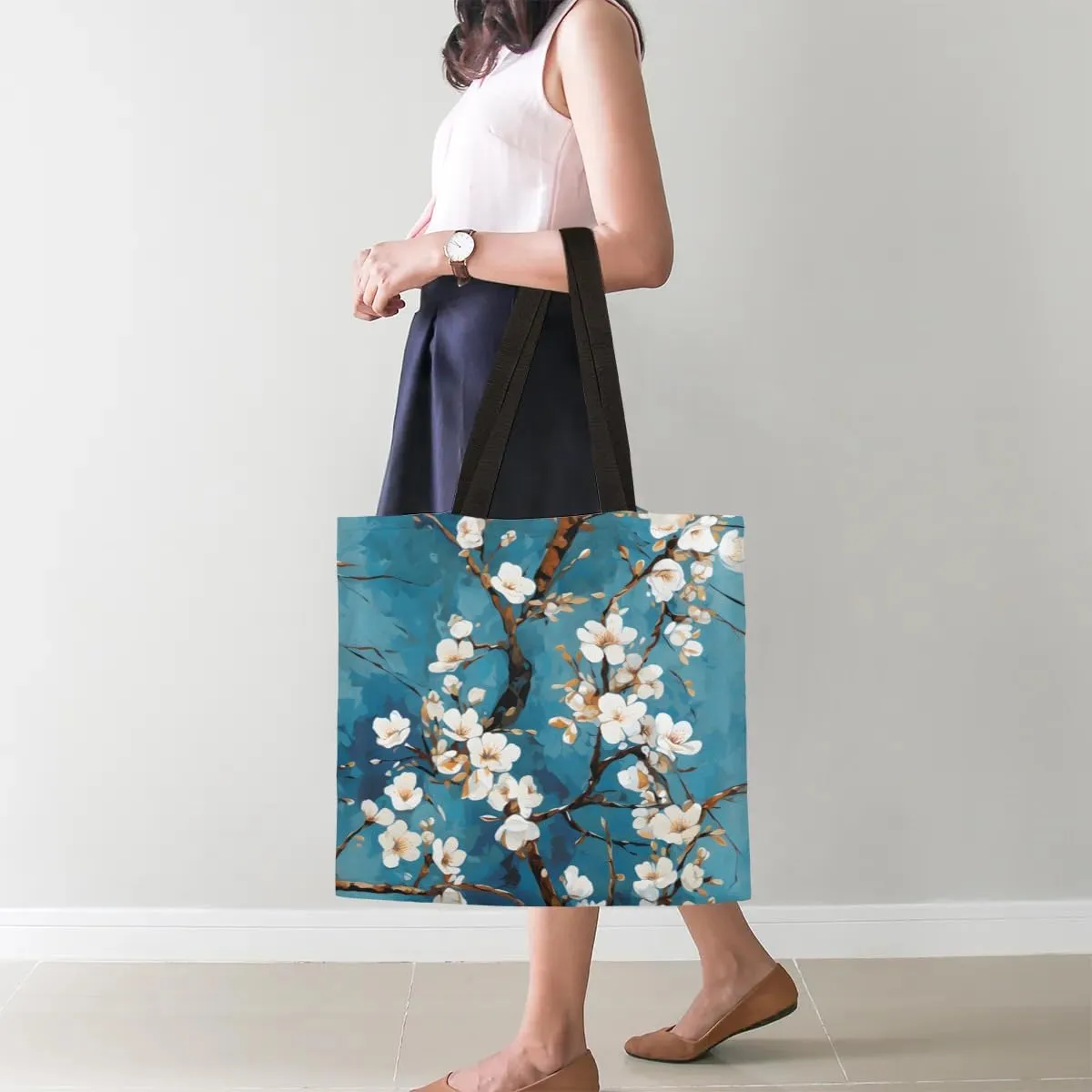 Cherry Blossom Cherries Canvas Tote Bag for Women Men Stylish Tote Handbag Shoulder Bag Reusable Grocery Bag