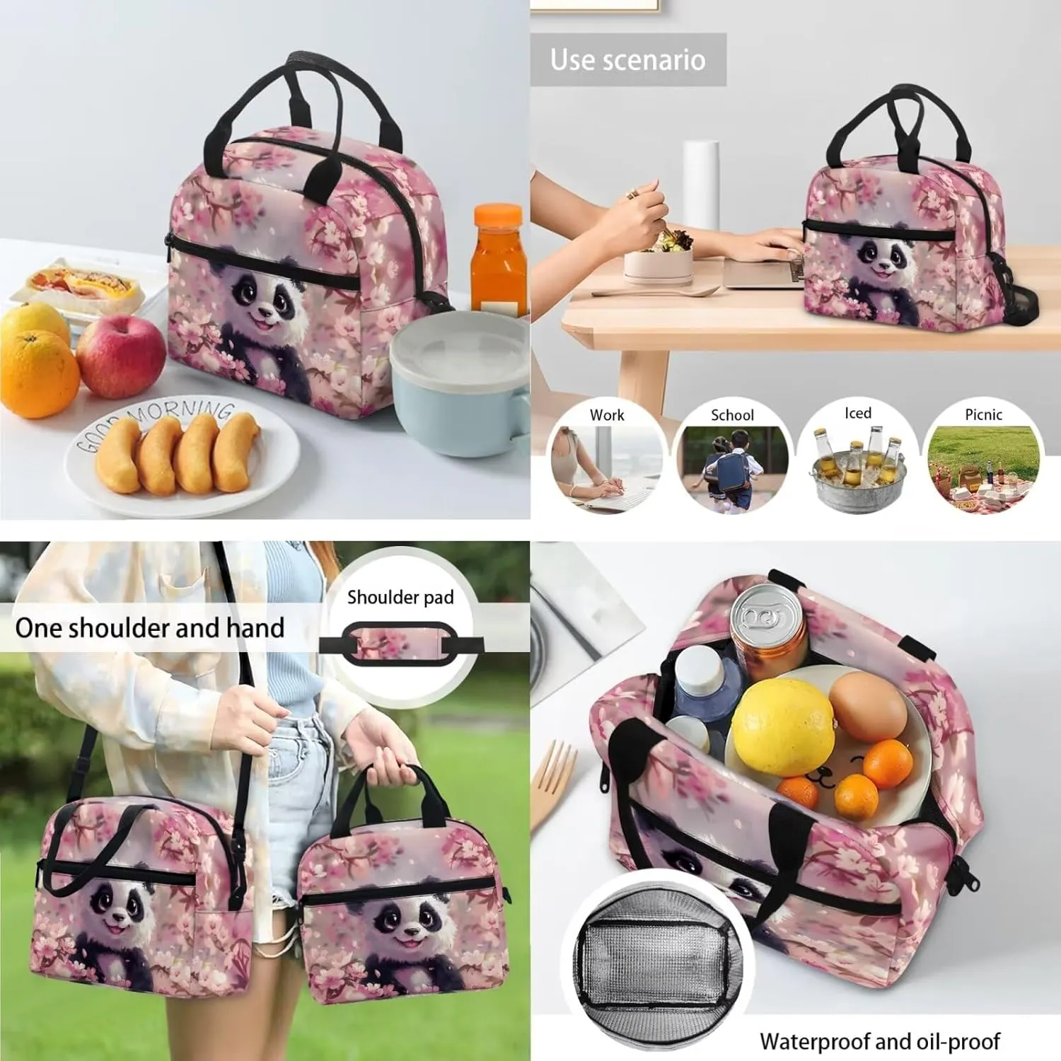 Cherry Blossom Panda Backpack for Girls Bookbag with Lunch Box Cup Sleeve Pencil Case 4 PCS Set Bookbag with Compartment 4Th Grade Kid 8-10 Years Old School Bag for Picnic