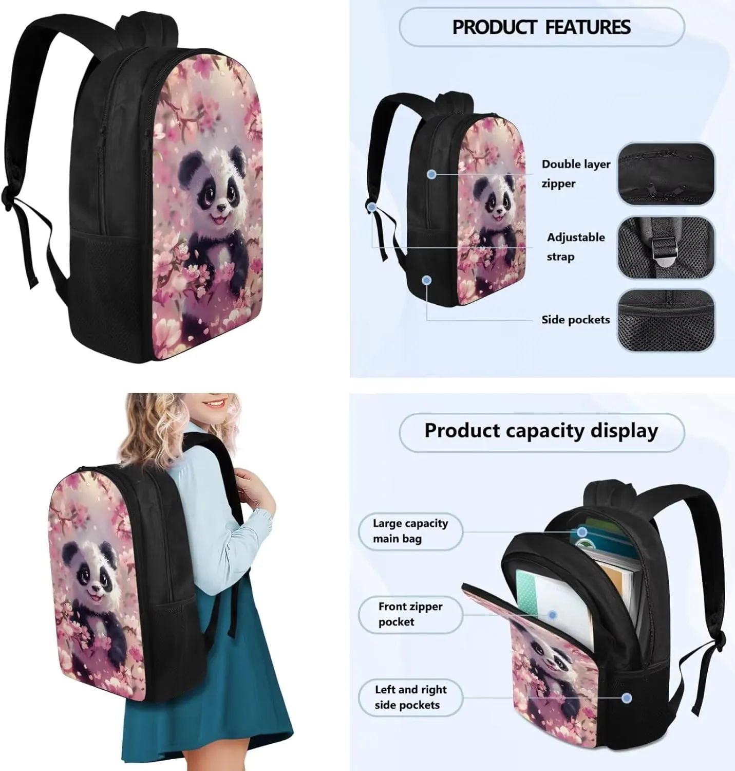 Cherry Blossom Panda Backpack for Girls Bookbag with Lunch Box Cup Sleeve Pencil Case 4 PCS Set Bookbag with Compartment 4Th Grade Kid 8-10 Years Old School Bag for Picnic