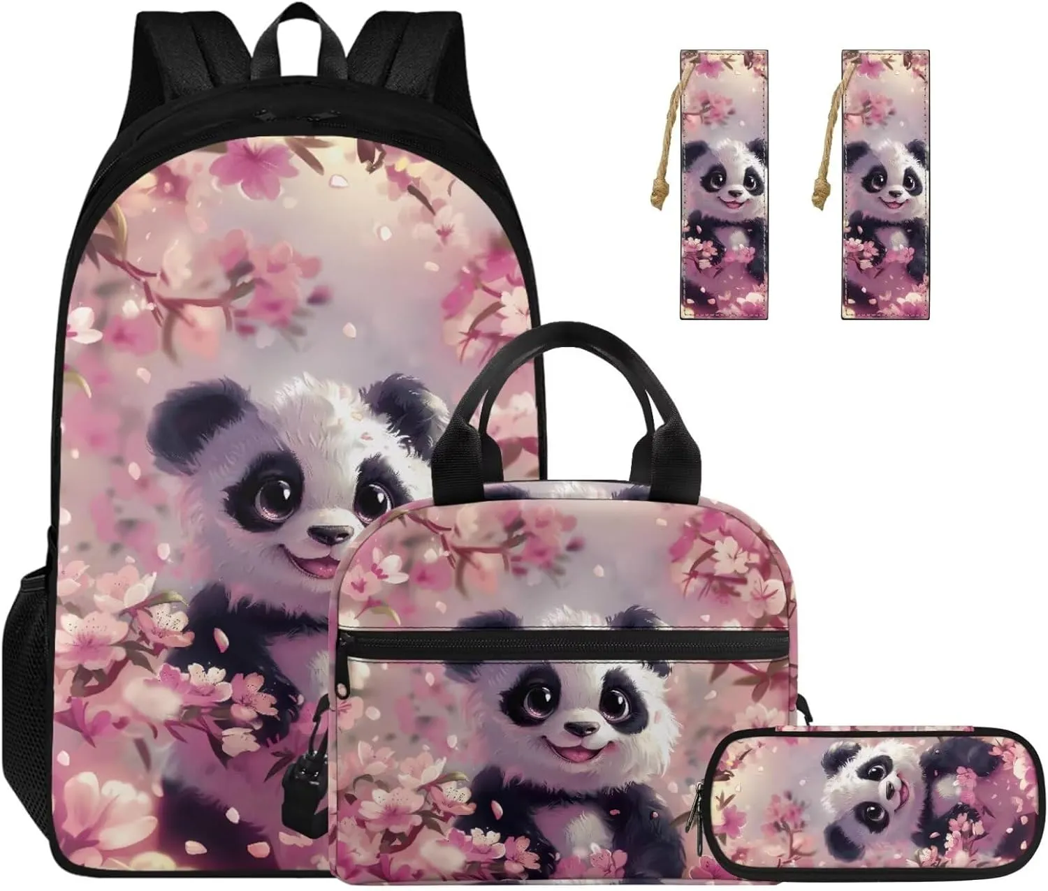 Cherry Blossom Panda Backpack for Girls Bookbag with Lunch Box Cup Sleeve Pencil Case 4 PCS Set Bookbag with Compartment 4Th Grade Kid 8-10 Years Old School Bag for Picnic