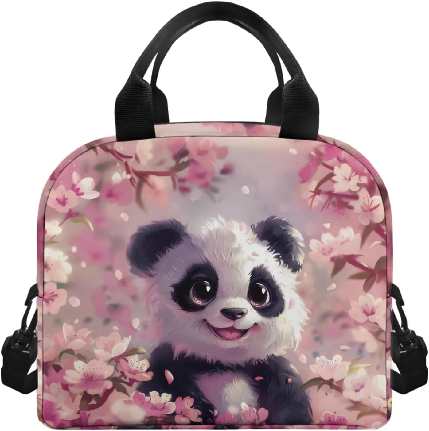 Cherry Blossom Panda Backpack for Girls Bookbag with Lunch Box Cup Sleeve Pencil Case 4 PCS Set Bookbag with Compartment 4Th Grade Kid 8-10 Years Old School Bag for Picnic