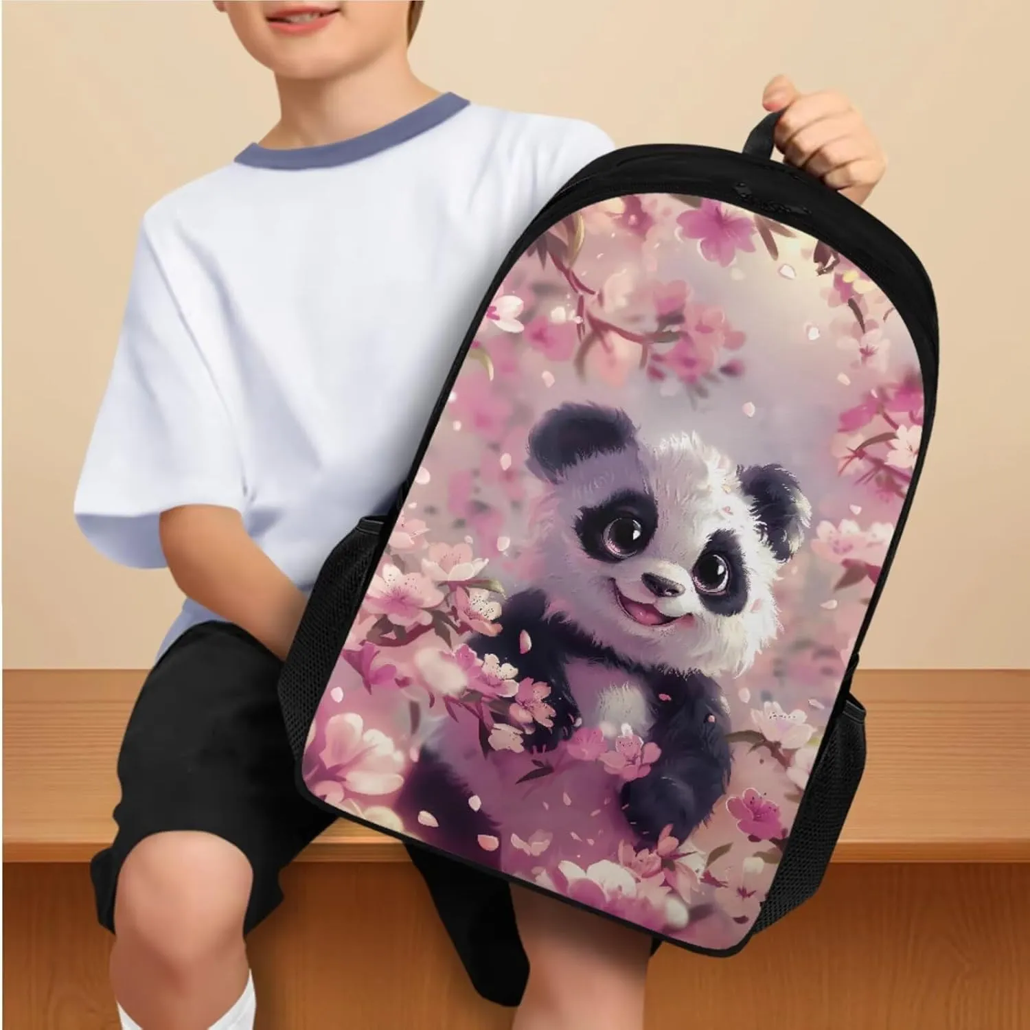 Cherry Blossom Panda Backpack for Girls Bookbag with Lunch Box Cup Sleeve Pencil Case 4 PCS Set Bookbag with Compartment 4Th Grade Kid 8-10 Years Old School Bag for Picnic