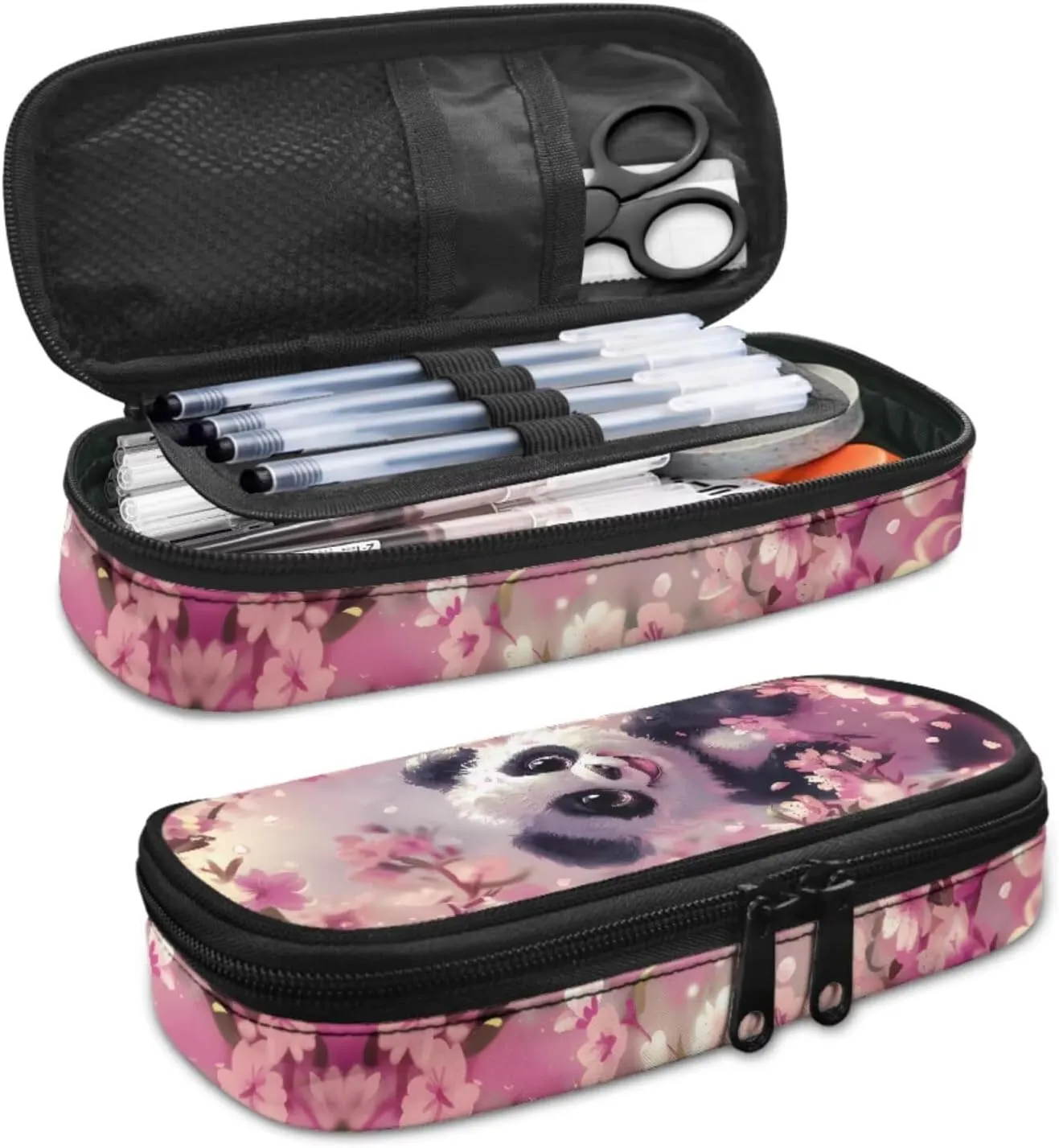 Cherry Blossom Panda Backpack for Girls Bookbag with Lunch Box Cup Sleeve Pencil Case 4 PCS Set Bookbag with Compartment 4Th Grade Kid 8-10 Years Old School Bag for Picnic
