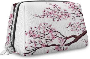 Cherry Blossoms,Large Capacity Travel Leather Cosmetic Bag,Branch of A Cherry Blossoms Tree Spring,Multifunctional Storage Makeup Bag for Women,Pink White,M