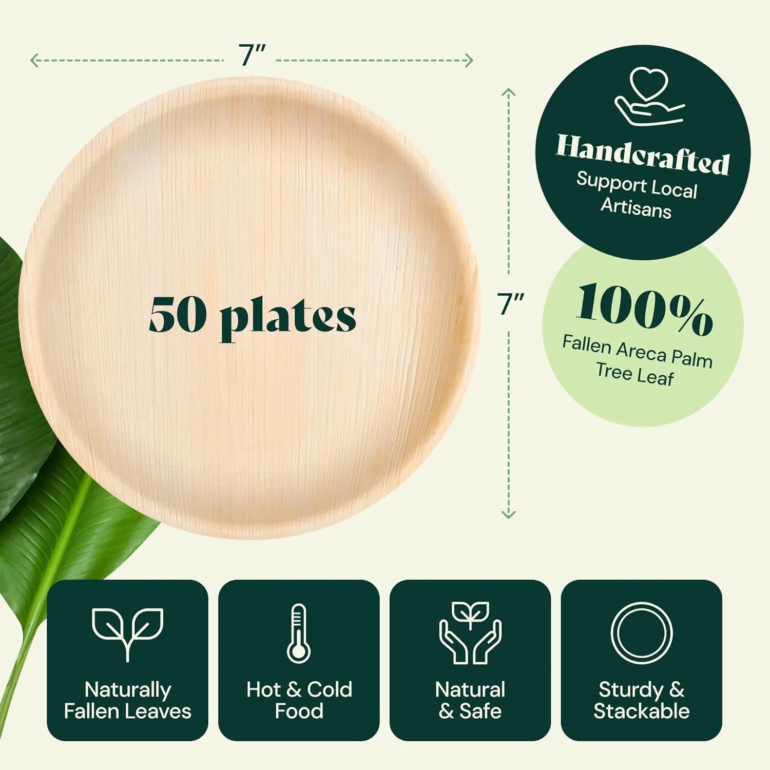 Chic Leaf Palm Leaf Disposable Bamboo Plates - Palm Leaf Plates for Weddings & Event Appetizers - Biodegradable & Compostable - Party Supplies (7", 50 Pack)
