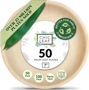 Chic Leaf Palm Leaf Disposable Bamboo Plates - Palm Leaf Plates for Weddings & Event Appetizers - Biodegradable & Compostable - Party Supplies (7", 50 Pack)